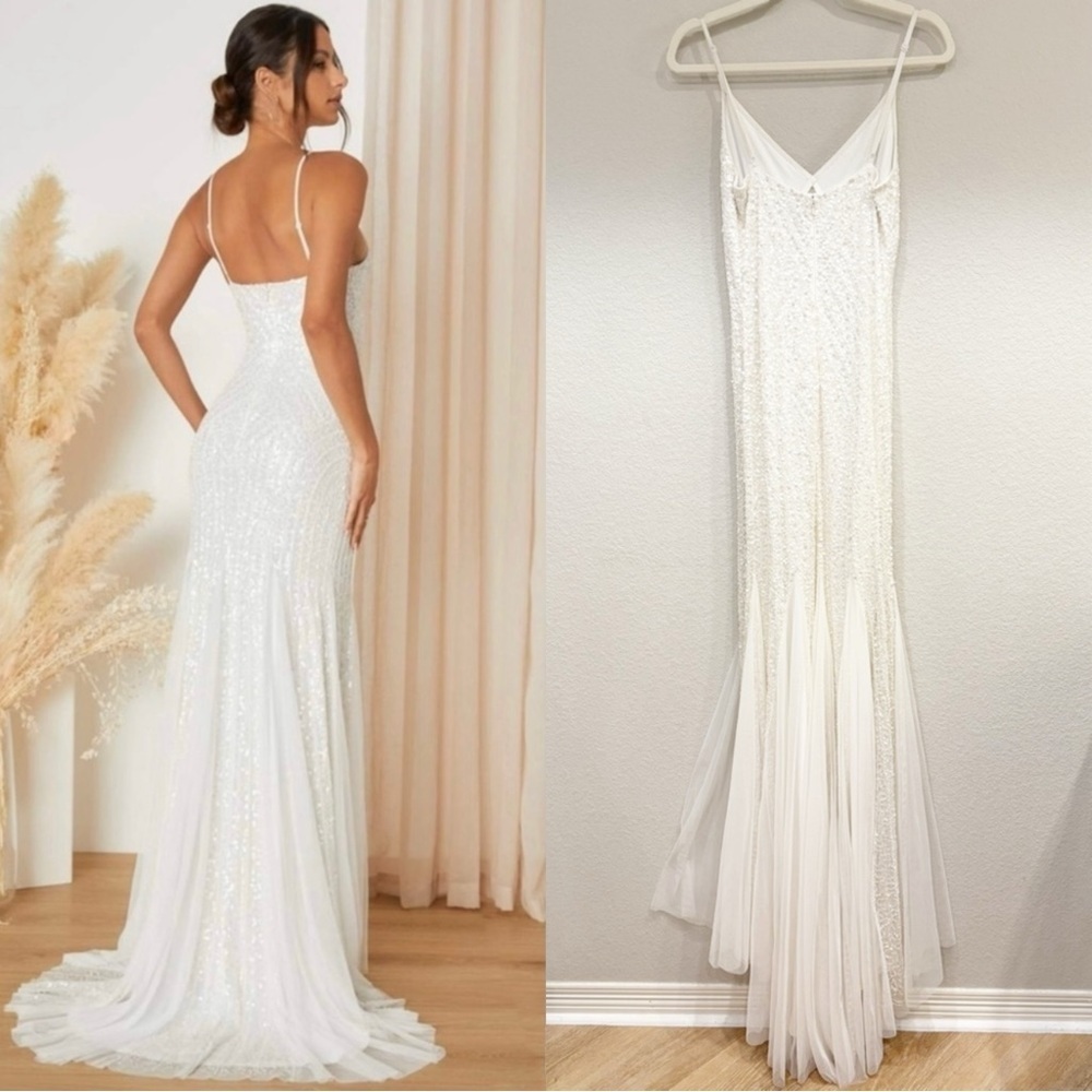 NWOT Lulus Adoring Devotion‎ White Mesh Beaded Sequin Mermaid Maxi Dress - Picture 6 of 11